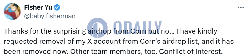 ​Babylon联创：尽管收到了来自Corn的意外空投，但已请求从空投名单中移除