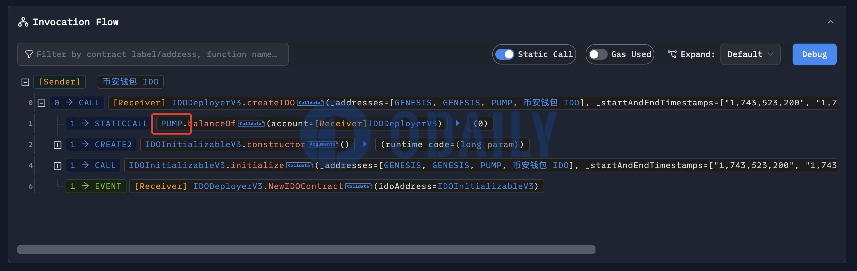 Binance Wallet新币IDO地址再次调用“Create IDO”合约，解析结果为PUMP