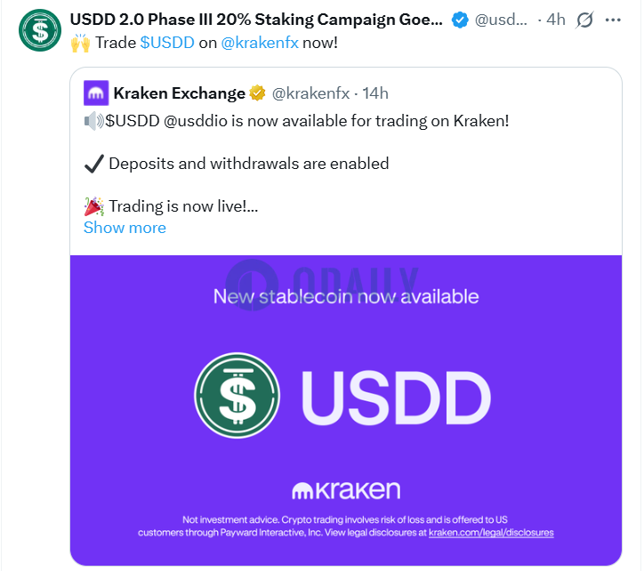 Kraken正式上线USDD，开放USDD/USD及USDD/EUR现货交易