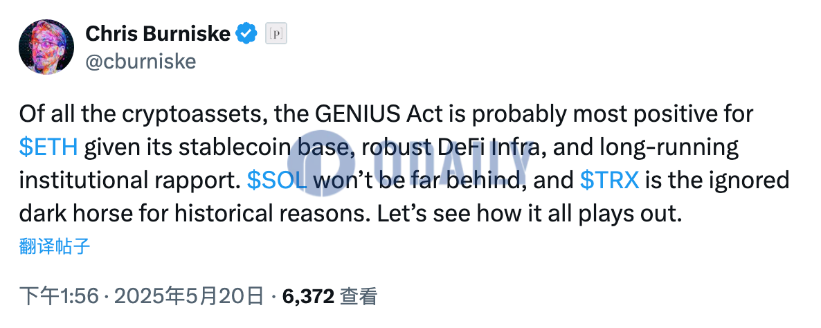 Placeholder合伙人：GENIUS法案最利好ETH，其次是SOL和TRX